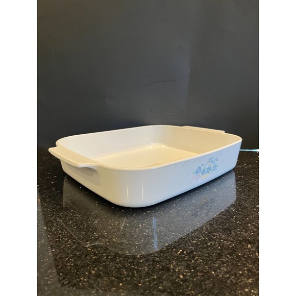 Vintage 1980s Corningware Blue Ribbon Flower Basket Print Open Roasting Pan 12" - Picture 4 of 7